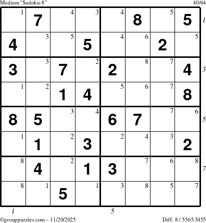 The grouppuzzles.com Medium Sudoku-8 puzzle for Thursday November 20, 2025, suitable for printing, with all 8 steps marked