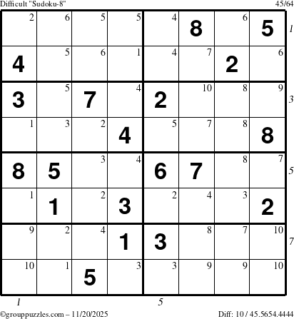 The grouppuzzles.com Difficult Sudoku-8 puzzle for Thursday November 20, 2025, suitable for printing, with all 10 steps marked