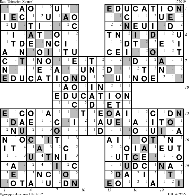The grouppuzzles.com Easy Education-Xtreme puzzle for Thursday November 20, 2025 with all 4 steps marked