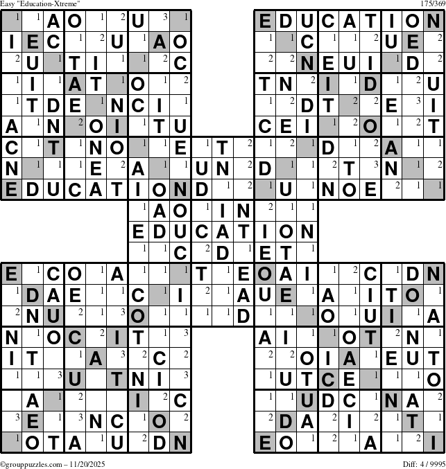 The grouppuzzles.com Easy Education-Xtreme puzzle for Thursday November 20, 2025 with the first 3 steps marked