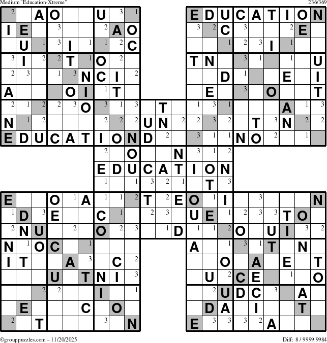 The grouppuzzles.com Medium Education-Xtreme puzzle for Thursday November 20, 2025 with the first 3 steps marked