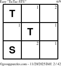 The grouppuzzles.com Easy TicTac-STU puzzle for Thursday November 20, 2025 with the first 2 steps marked