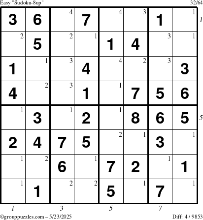 The grouppuzzles.com Easy Sudoku-8up puzzle for Friday May 23, 2025 with all 4 steps marked