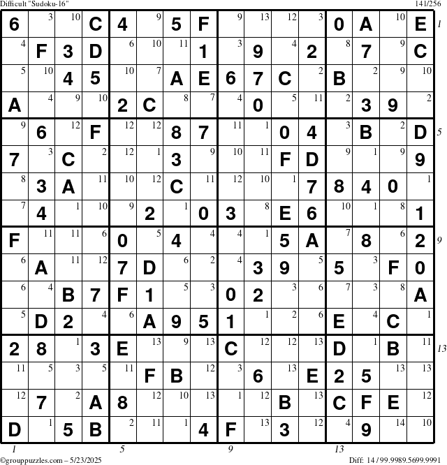 The grouppuzzles.com Difficult Sudoku-16 puzzle for Friday May 23, 2025 with all 14 steps marked