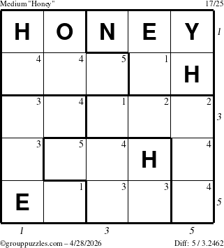 The grouppuzzles.com Medium Honey puzzle for Tuesday April 28, 2026, suitable for printing, with all 5 steps marked