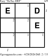 The grouppuzzles.com Easy TicTac-DEF puzzle for Tuesday April 28, 2026, suitable for printing, with all 2 steps marked