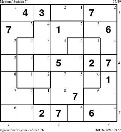 The grouppuzzles.com Medium Sudoku-7 puzzle for Tuesday April 28, 2026, suitable for printing, with all 8 steps marked