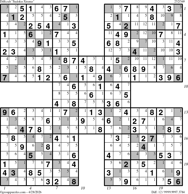 The grouppuzzles.com Difficult Sudoku-Xtreme puzzle for Tuesday April 28, 2026 with all 12 steps marked