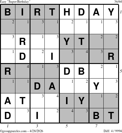 The grouppuzzles.com Easy Super-Birthday puzzle for Tuesday April 28, 2026 with all 4 steps marked