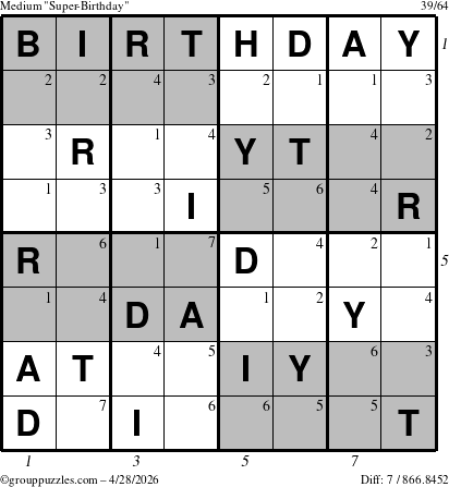 The grouppuzzles.com Medium Super-Birthday puzzle for Tuesday April 28, 2026, suitable for printing, with all 7 steps marked