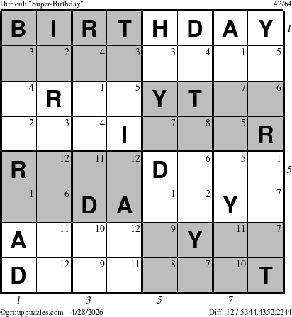 The grouppuzzles.com Difficult Super-Birthday puzzle for Tuesday April 28, 2026 with all 12 steps marked