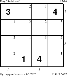 The grouppuzzles.com Easy Sudoku-4 puzzle for Sunday April 5, 2026, suitable for printing, with all 3 steps marked