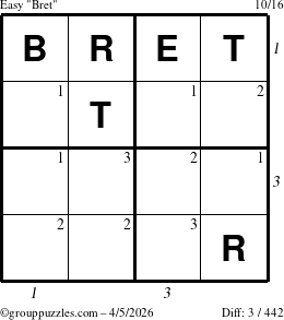 The grouppuzzles.com Easy Bret puzzle for Sunday April 5, 2026 with all 3 steps marked