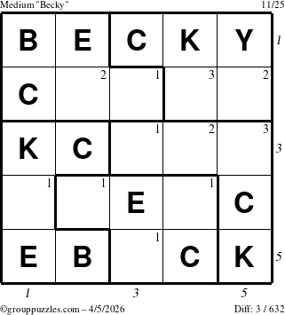 The grouppuzzles.com Medium Becky puzzle for Sunday April 5, 2026 with all 3 steps marked