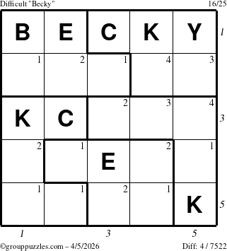 The grouppuzzles.com Difficult Becky puzzle for Sunday April 5, 2026, suitable for printing, with all 4 steps marked