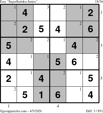 The grouppuzzles.com Easy SuperSudoku-Junior puzzle for Sunday April 5, 2026 with all 3 steps marked