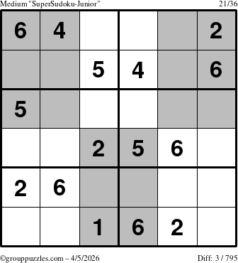 The grouppuzzles.com Medium SuperSudoku-Junior puzzle for Sunday April 5, 2026