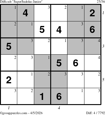 The grouppuzzles.com Difficult SuperSudoku-Junior puzzle for Sunday April 5, 2026, suitable for printing, with all 4 steps marked