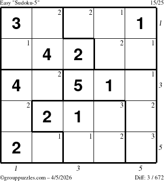 The grouppuzzles.com Easy Sudoku-5 puzzle for Sunday April 5, 2026, suitable for printing, with all 3 steps marked