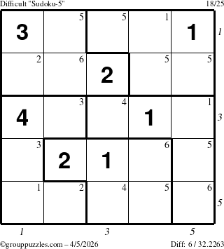 The grouppuzzles.com Difficult Sudoku-5 puzzle for Sunday April 5, 2026 with all 6 steps marked