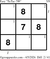 The grouppuzzles.com Easy TicTac-789 puzzle for Sunday April 5, 2026 with all 2 steps marked