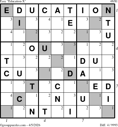The grouppuzzles.com Easy Education-X puzzle for Sunday April 5, 2026 with all 4 steps marked