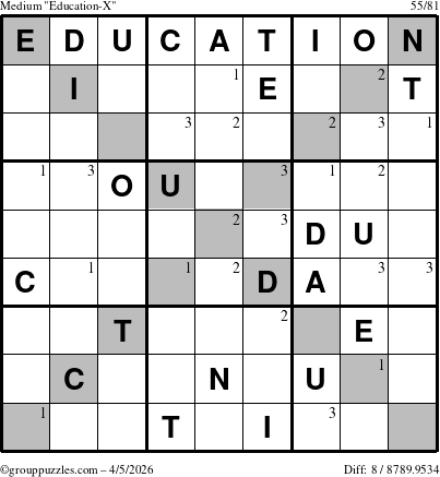The grouppuzzles.com Medium Education-X puzzle for Sunday April 5, 2026 with the first 3 steps marked
