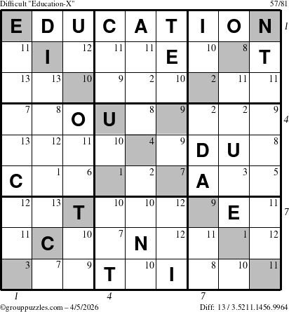 The grouppuzzles.com Difficult Education-X puzzle for Sunday April 5, 2026 with all 13 steps marked