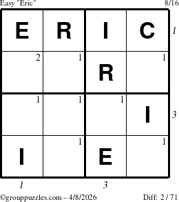 The grouppuzzles.com Easy Eric puzzle for Wednesday April 8, 2026, suitable for printing, with all 2 steps marked