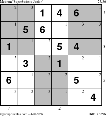 The grouppuzzles.com Medium SuperSudoku-Junior puzzle for Wednesday April 8, 2026 with all 3 steps marked