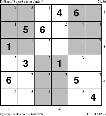 The grouppuzzles.com Difficult SuperSudoku-Junior puzzle for Wednesday April 8, 2026 with all 4 steps marked