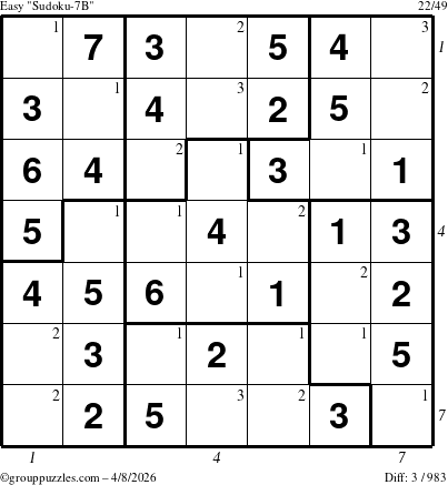 The grouppuzzles.com Easy Sudoku-7B puzzle for Wednesday April 8, 2026 with all 3 steps marked