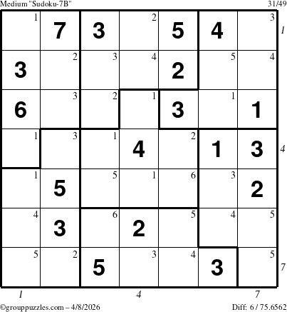 The grouppuzzles.com Medium Sudoku-7B puzzle for Wednesday April 8, 2026, suitable for printing, with all 6 steps marked