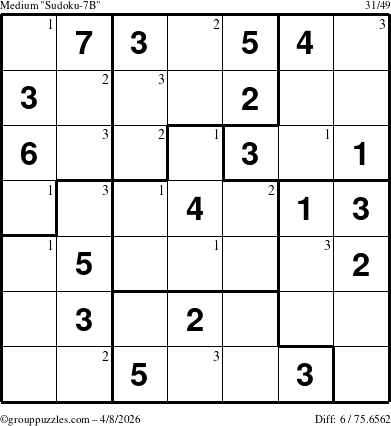 The grouppuzzles.com Medium Sudoku-7B puzzle for Wednesday April 8, 2026 with the first 3 steps marked