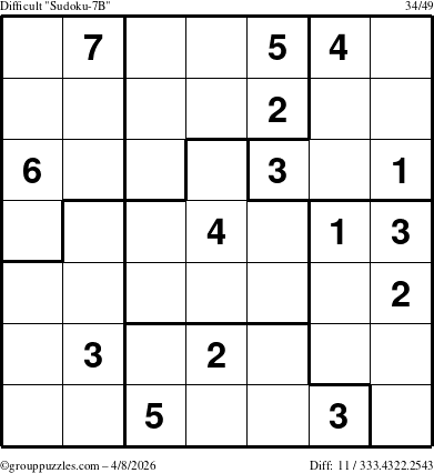 The grouppuzzles.com Difficult Sudoku-7B puzzle for Wednesday April 8, 2026