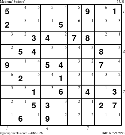 The grouppuzzles.com Medium Sudoku puzzle for Wednesday April 8, 2026 with all 6 steps marked