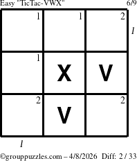 The grouppuzzles.com Easy TicTac-VWX puzzle for Wednesday April 8, 2026 with all 2 steps marked