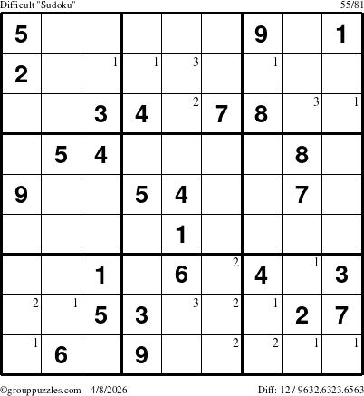 The grouppuzzles.com Difficult Sudoku puzzle for Wednesday April 8, 2026 with the first 3 steps marked