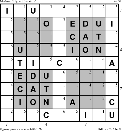 The grouppuzzles.com Medium HyperEducation-i23 puzzle for Wednesday April 8, 2026, suitable for printing, with all 7 steps marked
