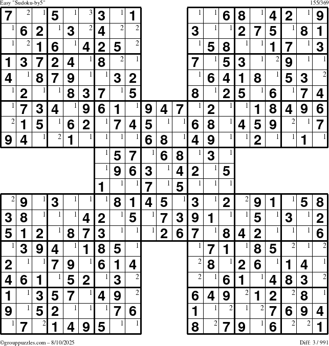 The grouppuzzles.com Easy Sudoku-by5 puzzle for Sunday August 10, 2025 with the first 3 steps marked