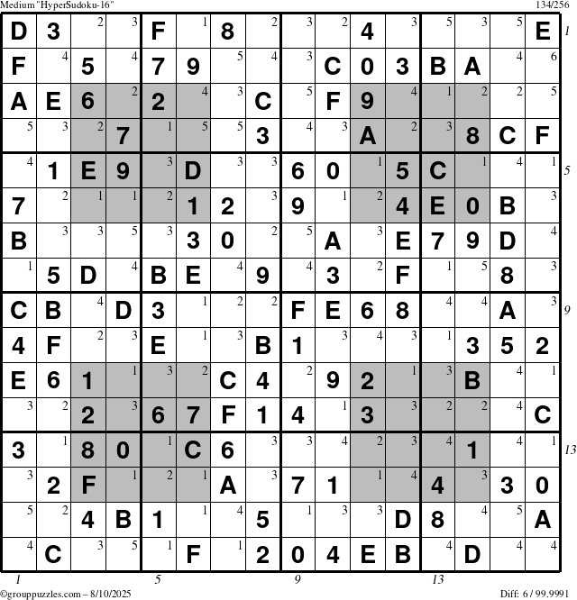 The grouppuzzles.com Medium HyperSudoku-16 puzzle for Sunday August 10, 2025, suitable for printing, with all 6 steps marked