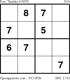 The grouppuzzles.com Easy Sudoku-4-5678 puzzle for Monday May 11, 2026