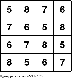 The grouppuzzles.com Answer grid for the Sudoku-4-5678 puzzle for Monday May 11, 2026