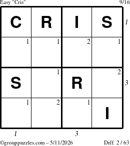 The grouppuzzles.com Easy Cris puzzle for Monday May 11, 2026, suitable for printing, with all 2 steps marked