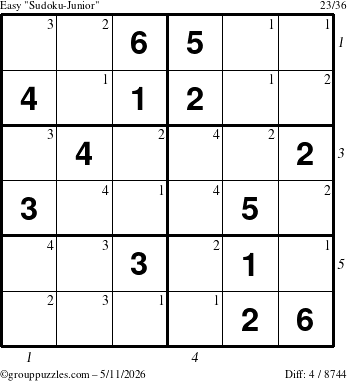 The grouppuzzles.com Easy Sudoku-Junior puzzle for Monday May 11, 2026, suitable for printing, with all 4 steps marked
