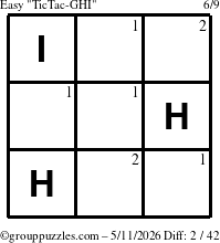 The grouppuzzles.com Easy TicTac-GHI puzzle for Monday May 11, 2026 with the first 2 steps marked