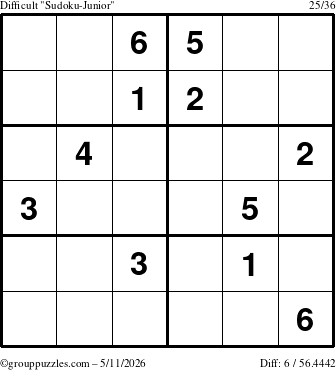 The grouppuzzles.com Difficult Sudoku-Junior puzzle for Monday May 11, 2026