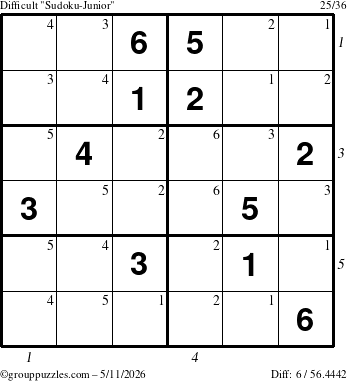 The grouppuzzles.com Difficult Sudoku-Junior puzzle for Monday May 11, 2026 with all 6 steps marked
