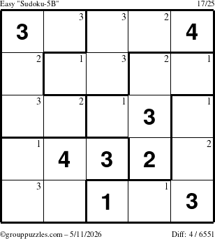 The grouppuzzles.com Easy Sudoku-5B puzzle for Monday May 11, 2026 with the first 3 steps marked