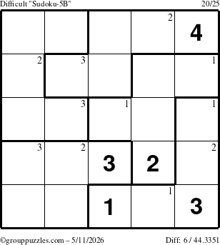 The grouppuzzles.com Difficult Sudoku-5B puzzle for Monday May 11, 2026 with the first 3 steps marked